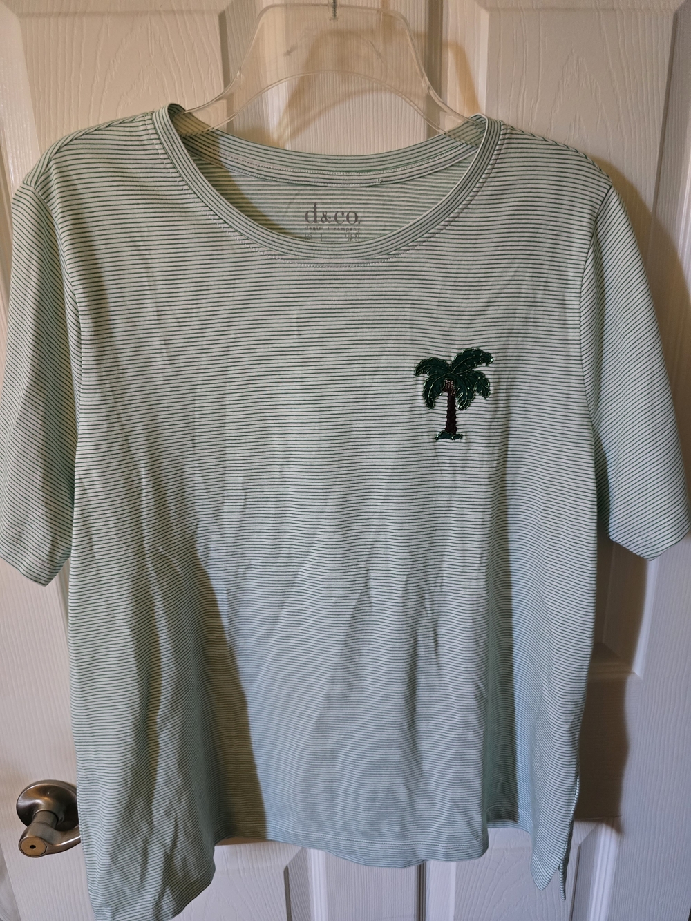 Green Striped Women’s T-Shirt with Beaded Palm Tree Embroidery